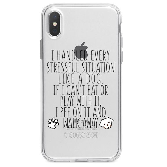 DistinctInk Clear Shockproof Hybrid Case for iPhone XR (6.1" Screen) - TPU Bumper Acrylic Back Tempered Glass Screen Protector - Can't Eat or Play, Pee and Walk Away - Dog Lover