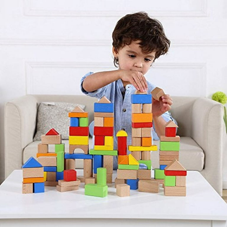 Pidoko Kids Wooden Building Blocks Set - 100 Pcs - Includes Carrying Container - Hardwood Plain & Colored Wood Block for Boys & Girls