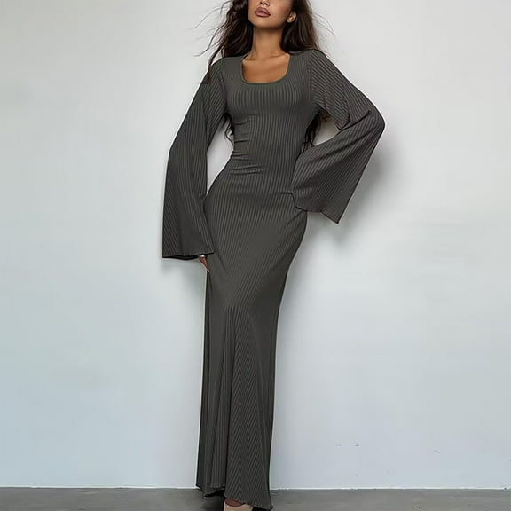 Sentmoon Slit Evening Gowns for Women Formal Long Sleeve V Neck Holiday Dresses for Women Pleated High Waist Solid Color Short Dresses,Loose Flowy Trendy Women Clothing Dark Gray M