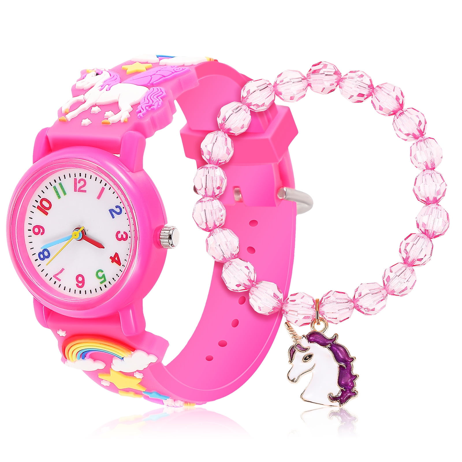 Set Unicorn Watch Bracelet Girls Cartoon Watch Beaded Bracelet