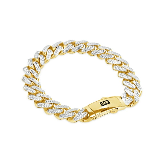 Nuragold 10k Real Yellow Gold Royal Monaco 11mm Miami Cuban Diamond Cut Pave Link Bracelet (8"-9") Two Tone Italian Jewelry for Men