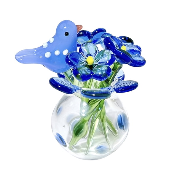HICESS Cute Mini Faux Crystal Flower Figurine Hand Blown Glass Bouquet Collectible Small Flower Vase Ornament with Bird for Home Office Tabletop Decor