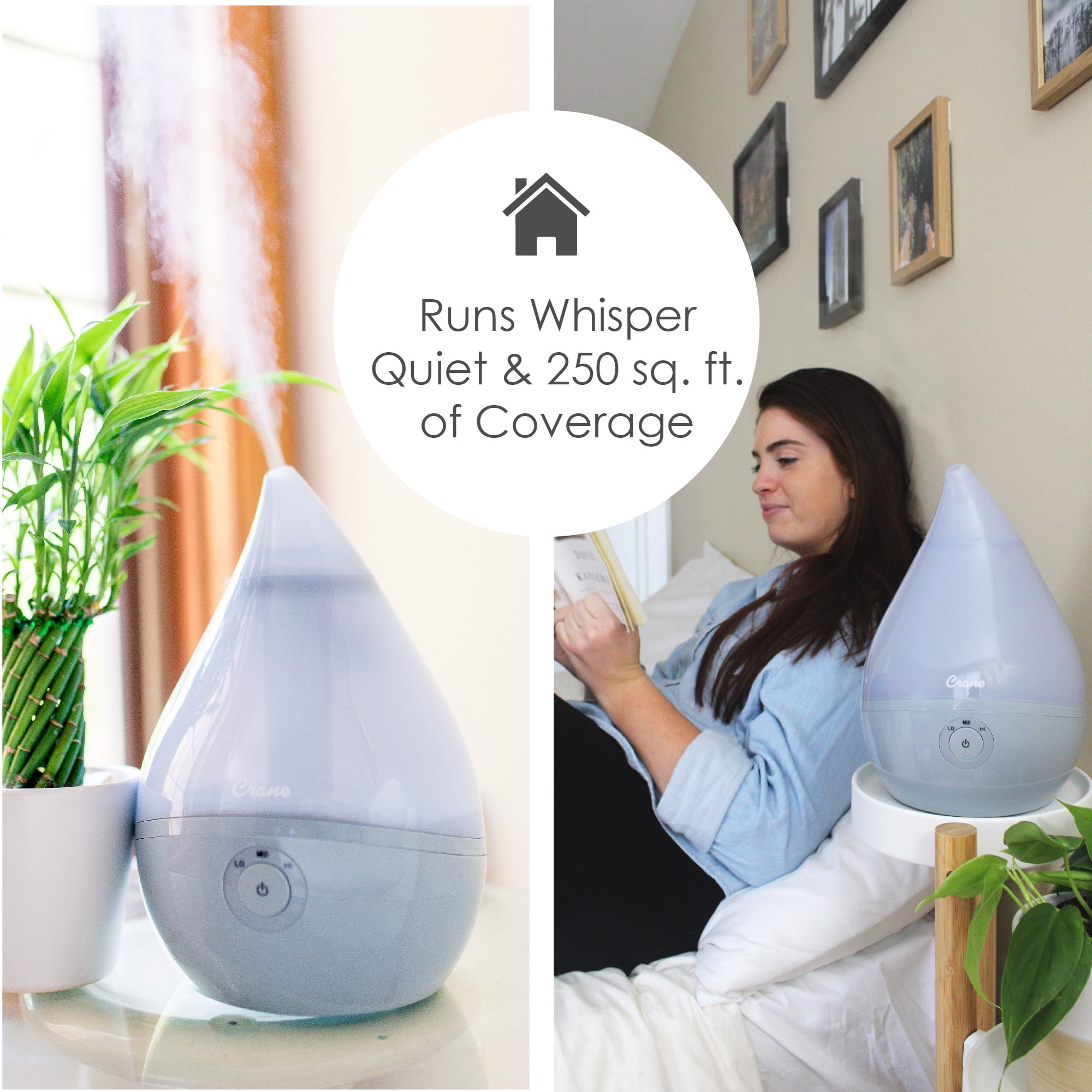 Crane USA Droplet Ultrasonic Cool Mist Humidifier, 0.5 Gallon, 15 Hour Run Time, Optional Vapor Tray, 250 Sq. Ft. Coverage, Gray