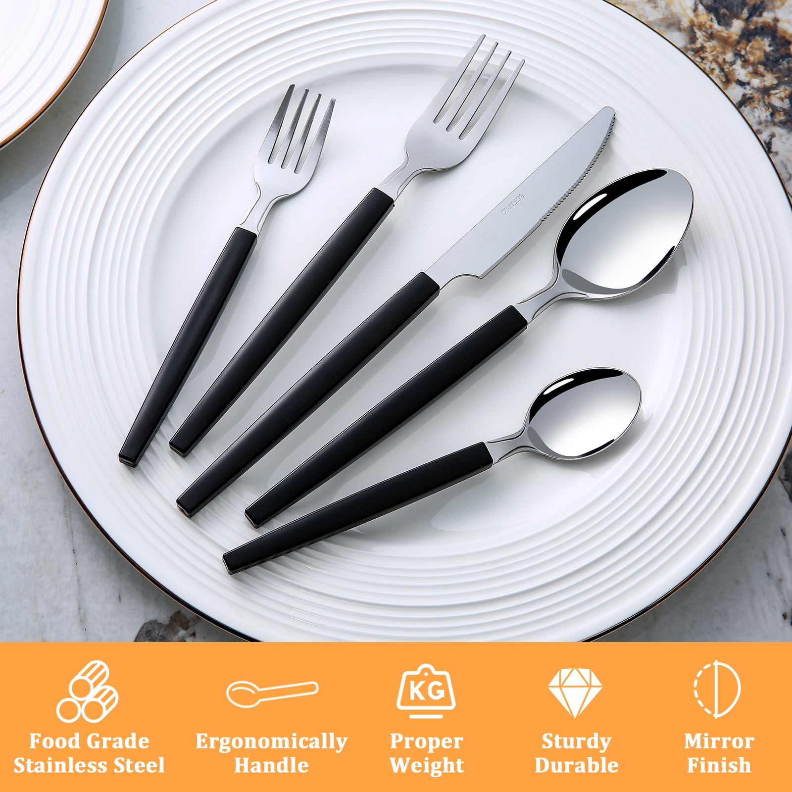 Mainstays 49-Piece Flatware Set with Black Stainless Steel and Organizer Tray Service for 8