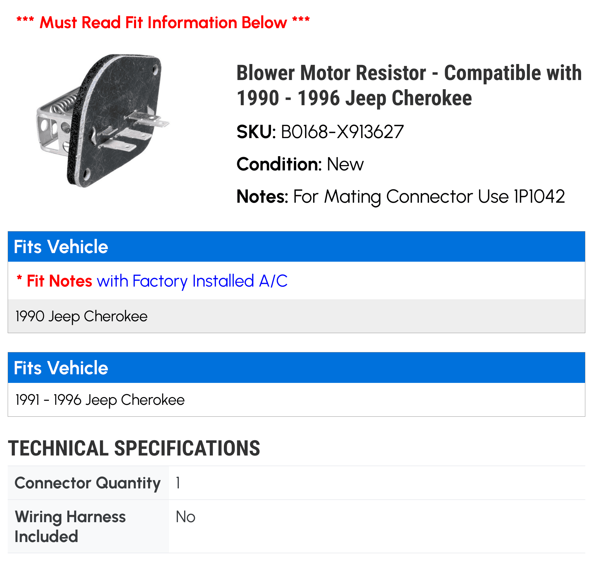 Blower Motor Resistor - Compatible with 1990 - 1996 Jeep Cherokee 1991 1992 1993 1994 1995