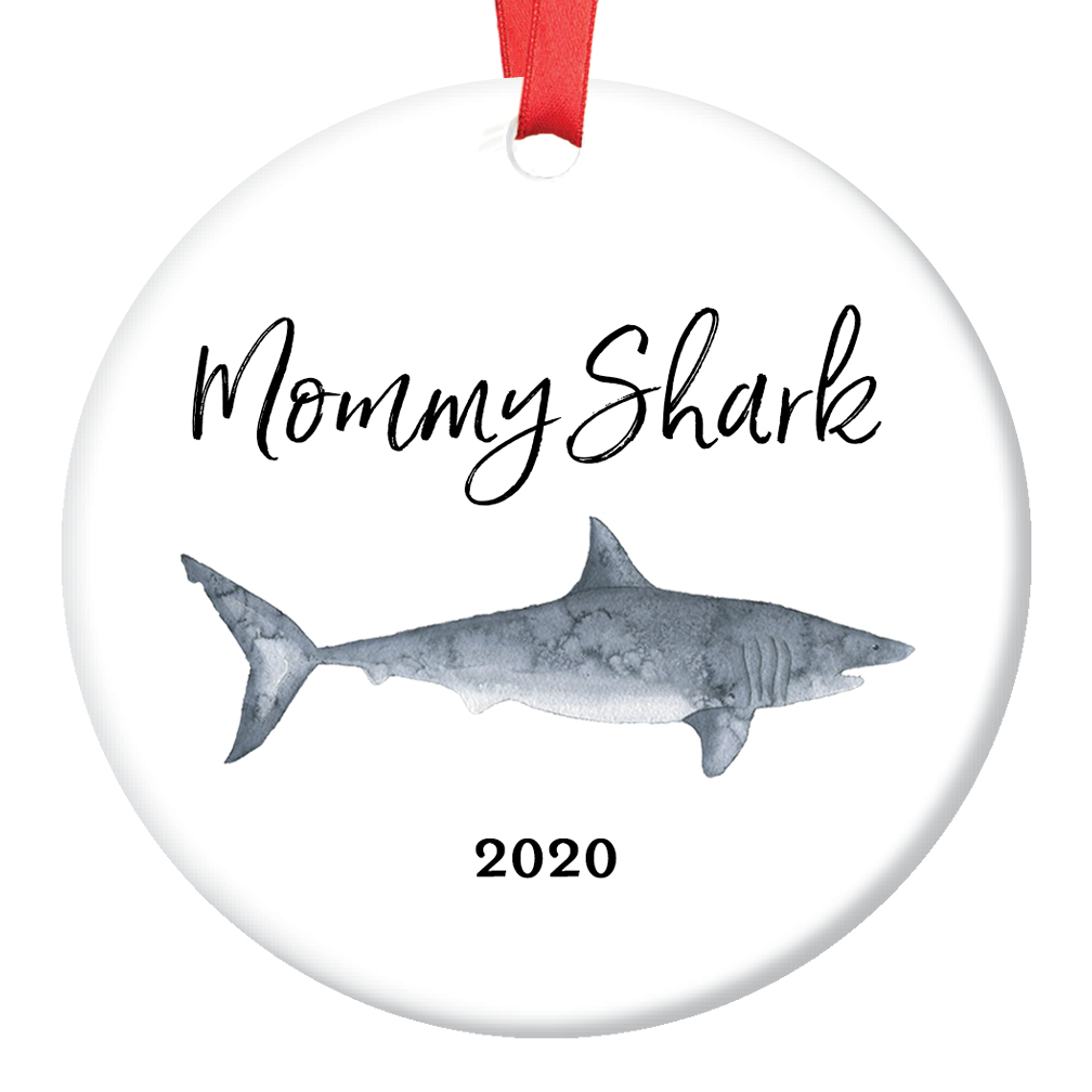 Mommy Shark Gift Ornament 2020 Christmas Tree Ceramic Holiday Present for Mom Mother Mama from Son Daughter Children Kids 3" Flat Porcelain Keepsake with Red Ribbon & Free Gift Box | OR00697 - image 1 of 2