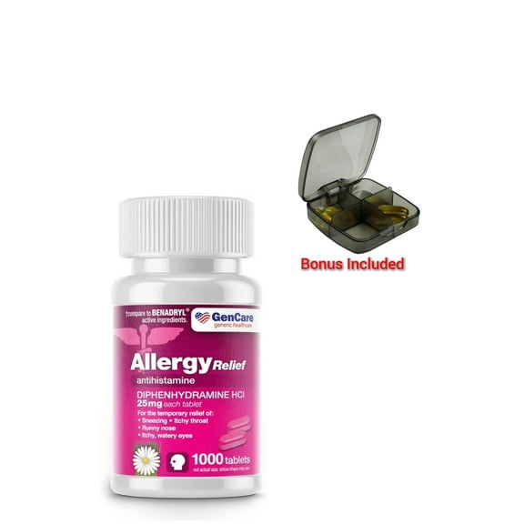 GenCare - Allergy Relief Medicine | Antihistamine Diphenhydramine HCl 25mg (1000 Tablets Per Bottle) Value Pack | Relieve for Itchy Eyes, Sneezing, Runny Nose | Seasonal or Indoor & Outdoor Allergies
