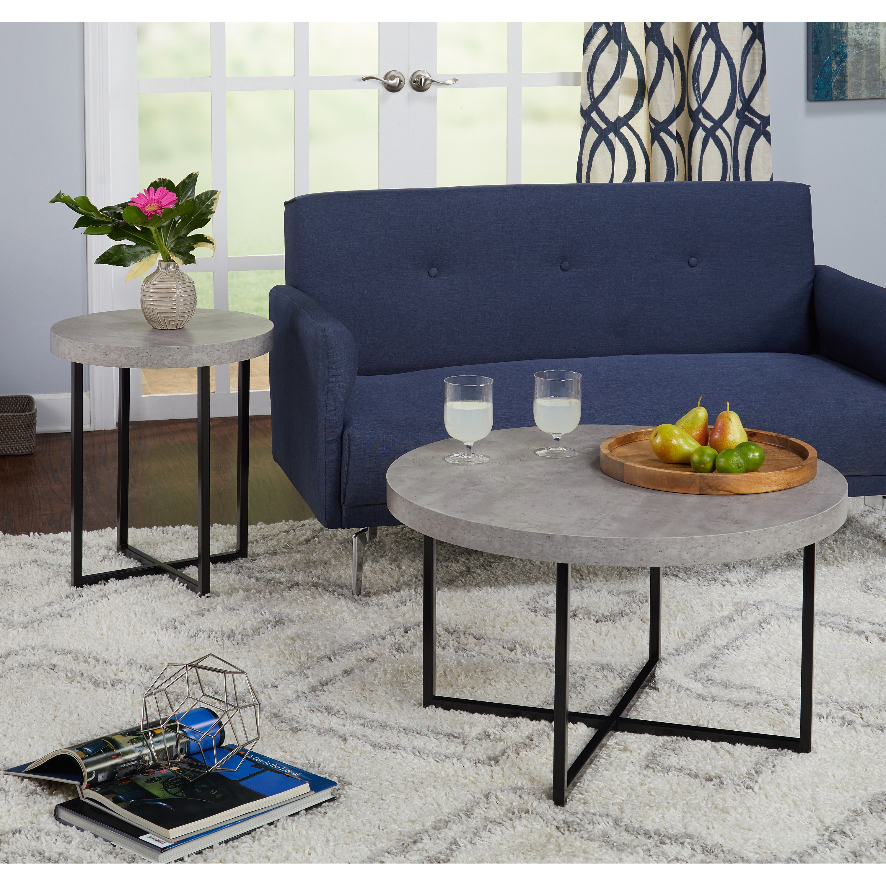 TMS Benjamin Contemporary Round End Table with Gray and Black Crisscross Base