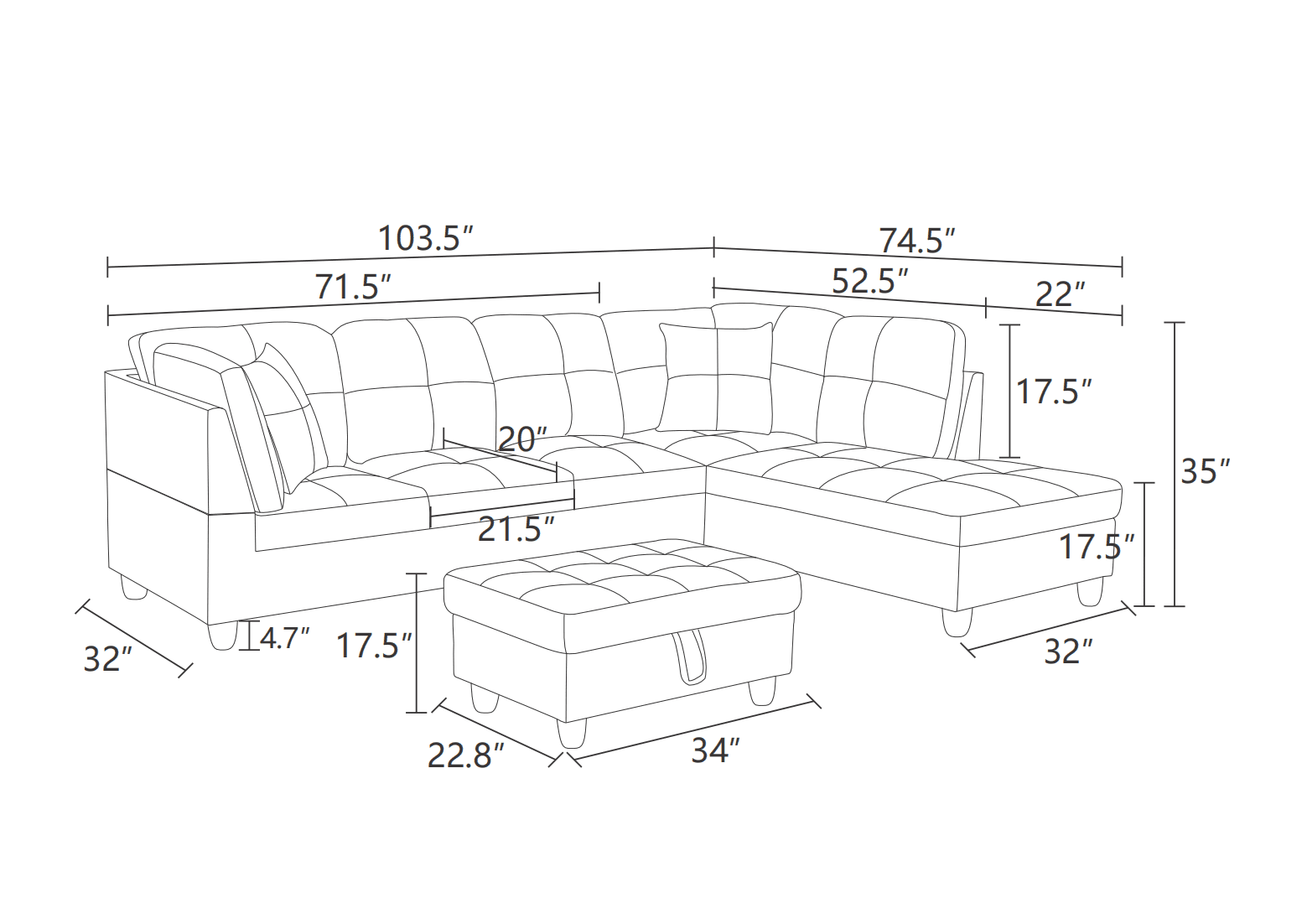 MAYEERTY 103.5" Modern Lint 3-Piece Couch Living Room Sofa Set，Brown