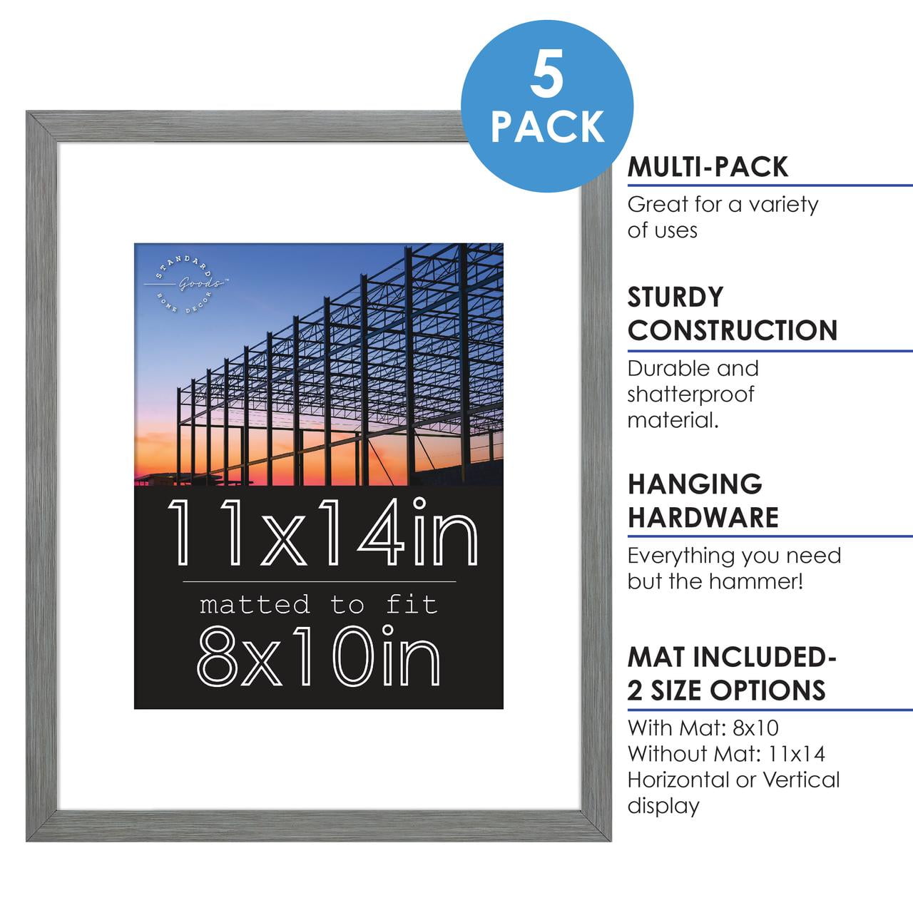 Standard Goods Home Décor 11x14 Matted to 8x10 Grey Linear Picture Frame, 5-Pack for Wall Display.