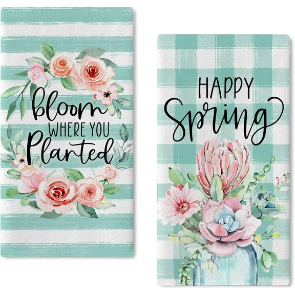 Happy Spring Succulent Flower Cactus Kitchen Dish Towel Set of 2, Rose Wreath Plants Mint Green Buffalo Plaid Stripes Hand Towel Drying Baking Cooking Cloth, Bloom Kitchen Decor 18x26 Inches