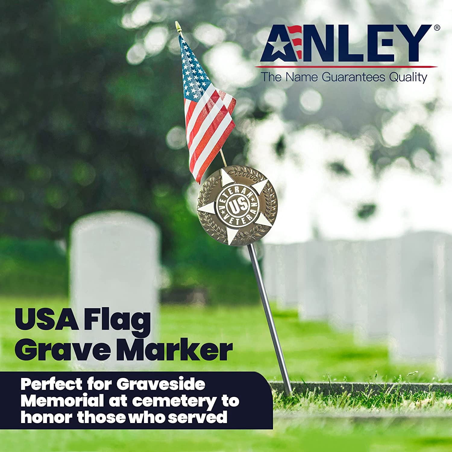 Anley US Veteran Grave Marker with US Stick Flag 34 Inch Tall - Cemetery Memorial Graveside Plaque Flag Holder Gravemarker