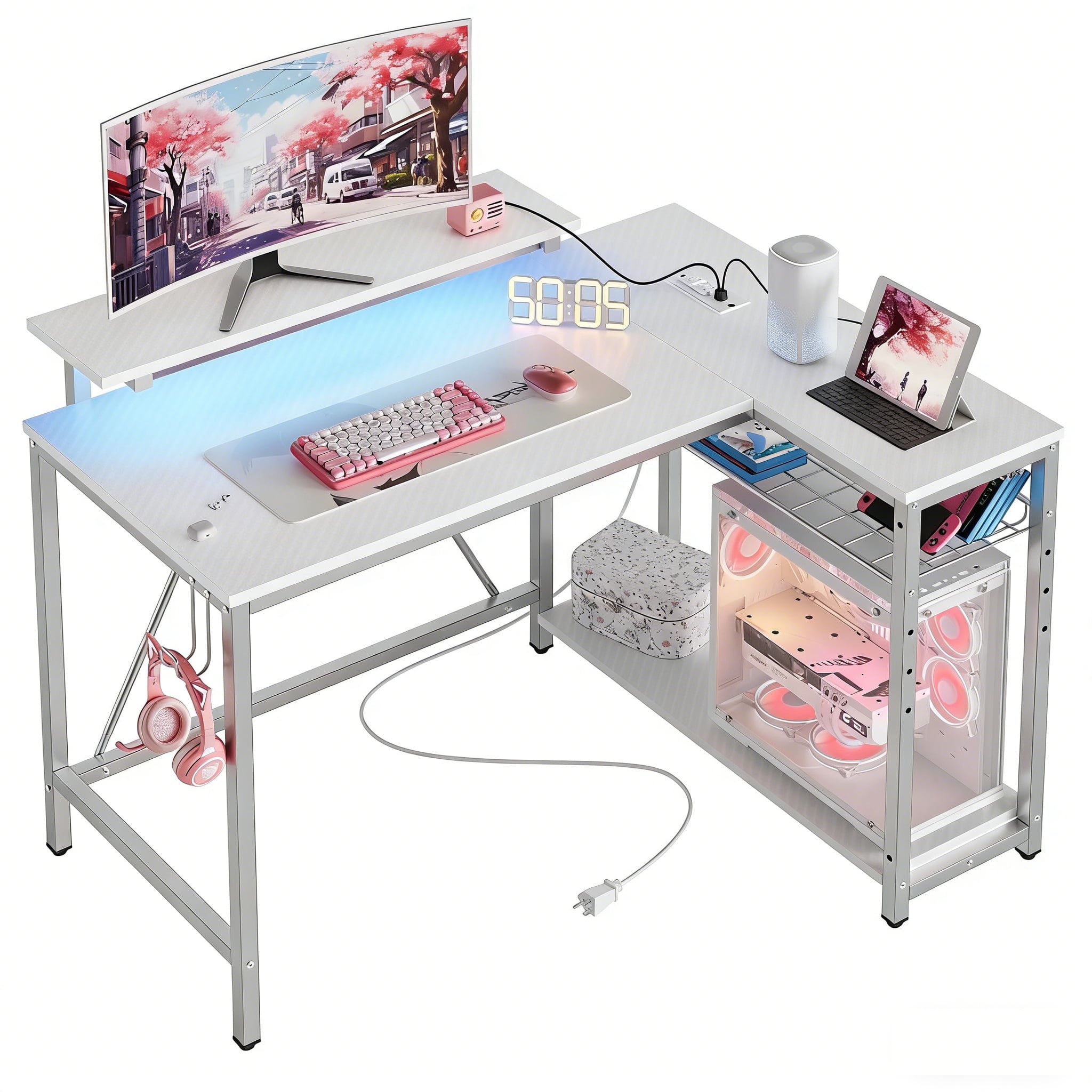 RSPGAME 42" L Shaped Computer Desk with Power Outlets, Home Office Desk with LED Lights & Monitor Stand, Reversible Shelves, Corner Desk for Small Spaces ,Bedrooms, Carbon Fiber White