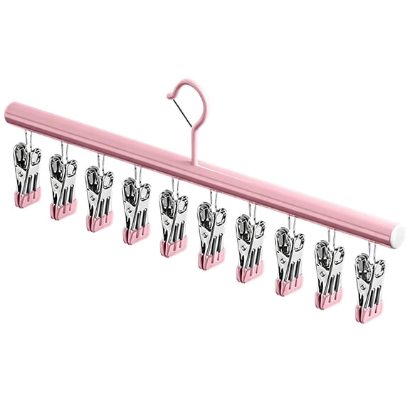 Space Saving Hanging Closet Organizer with 10 Metal Clips, Pants Hangers with Clothespins for Jeans Skirts Socks, Hat Scarf and Pant Hangers for Closet Storage,Light Pink