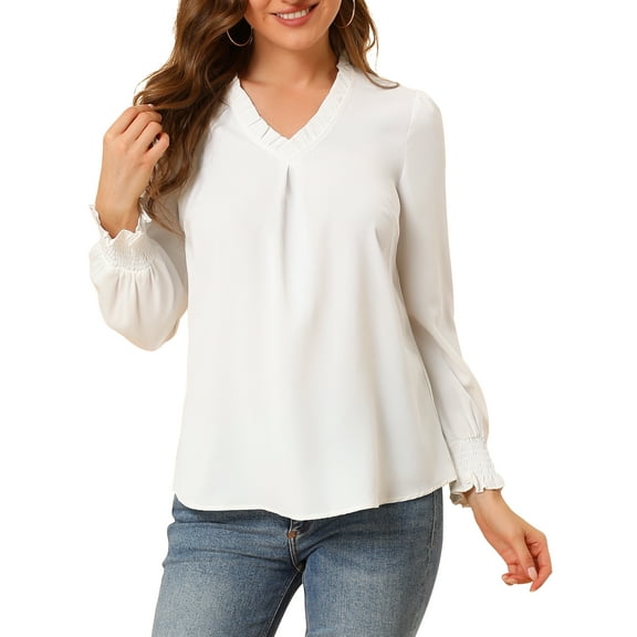 INSPIRE CHIC Women's V Neck Round Hem Blouse Long Sleeve Top S White