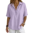 thumbnail image 5 of Women's Button Down Collared Shirt Short Sleeve Linen Blend Casual Loose Fit V Neck Summer Work Blouse Top 02-Light Purple XL, 5 of 5