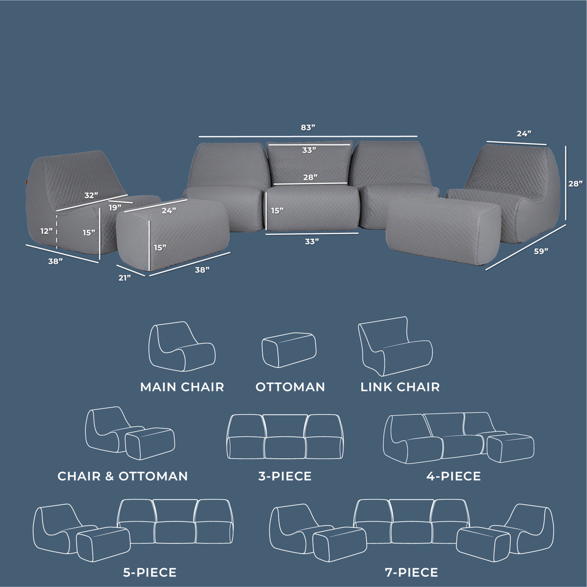 Big Joe Solvana Outdoor Sectional, 7 Piece Patio Furniture Set, Weather-Resistant Cool Touch Silicone Stitched Leather Sofa, Moonlit Gray