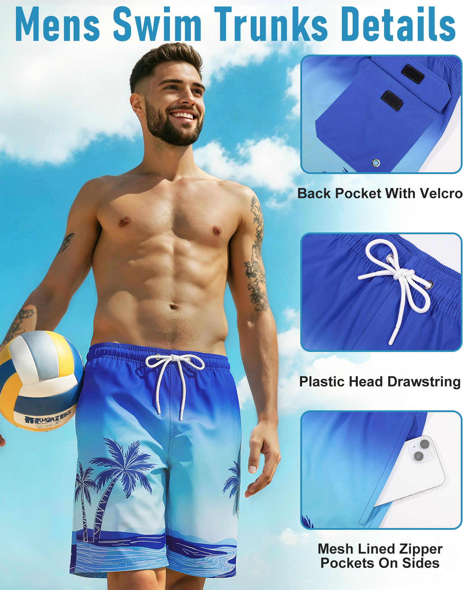 Justay Story Men's Swim Trunks with Zipper Pockets, 9" Inseam photo 4