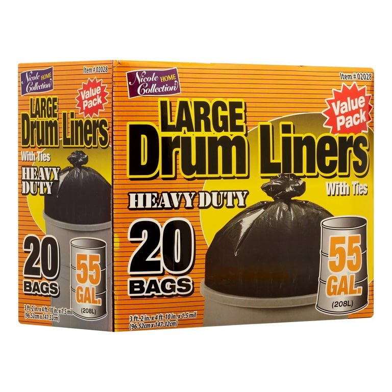 Nicole Home Collection Heavy Duty Drum Liners Trash Bags, 55 Gallon, Black, 20 C