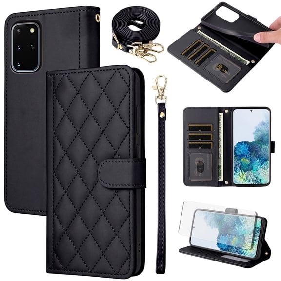 Furiet Argyle Wallet Case for Samsung Galaxy S20 Plus S20  5G with Tempered Glass Screen Wrist Strap Shoulder Strap, Card Slots Stand Phone Cover for S20 5G S20plus 20S   S2O S 20 20  G5 Black