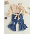 thumbnail image 4 of Miaouyo Infant Baby Girls Fall Outfits 0 3 6 9 12 18 Months Ruffle Long Sleeves Romper and Ripped Denim Flare Pants Clothes Set, 4 of 8