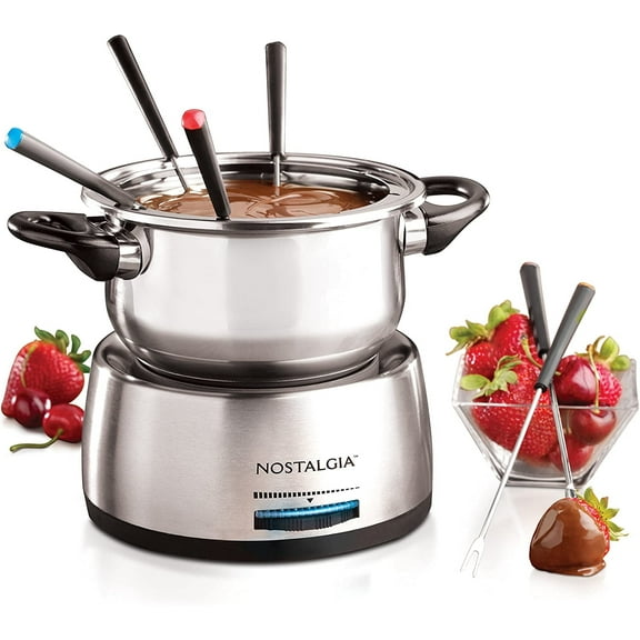 FPS200 6-Cup Stainless Steel Electric Fondue Pot with Temperature Control, 6 Color-Coded Forks and Removable Pot - Perfect for Chocolate, Caramel, Cheese, Sauces and More
