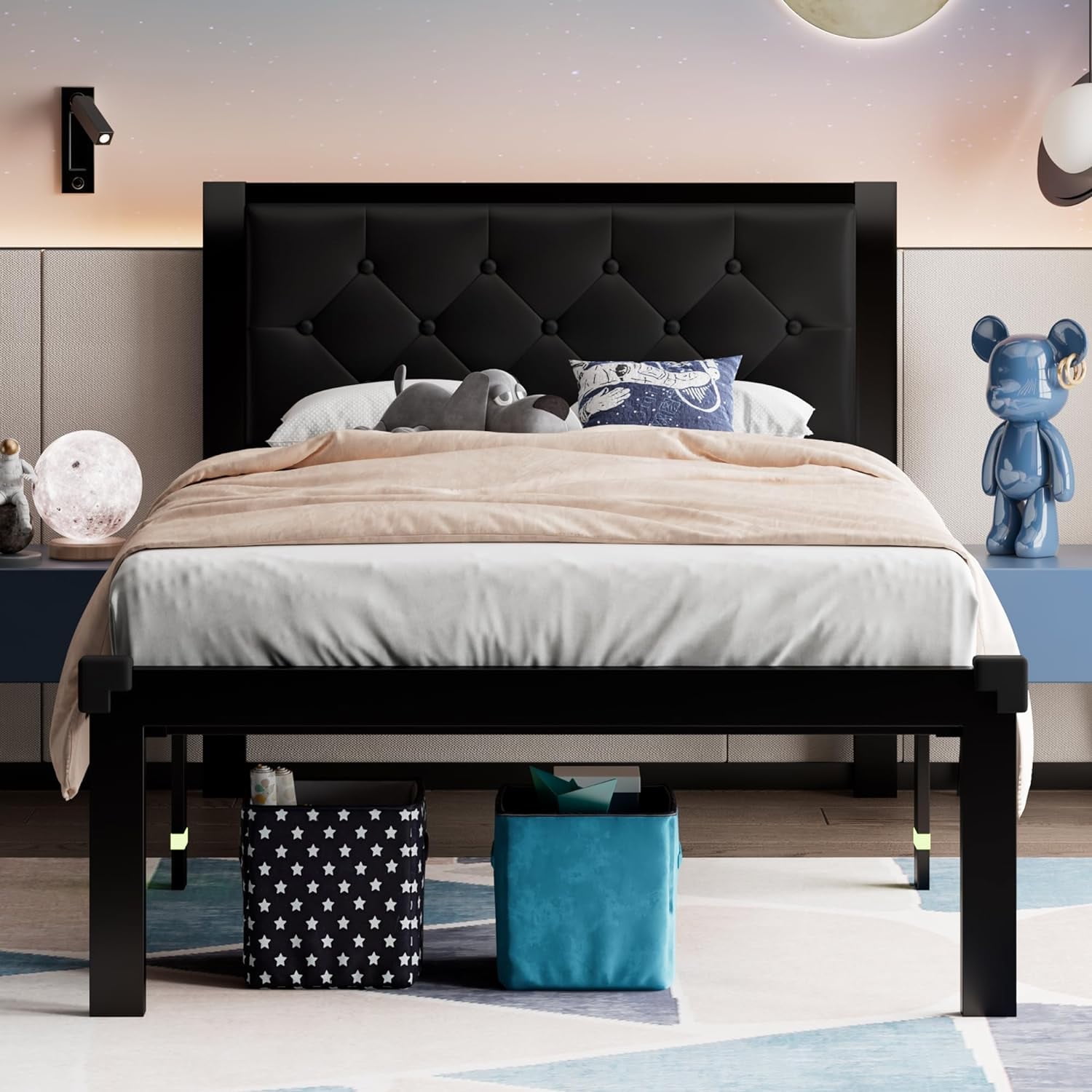 Honfach Twin Size Metal Platform Bed Frame with Faux Leather Upholstered Button Tufted Headboard, Black