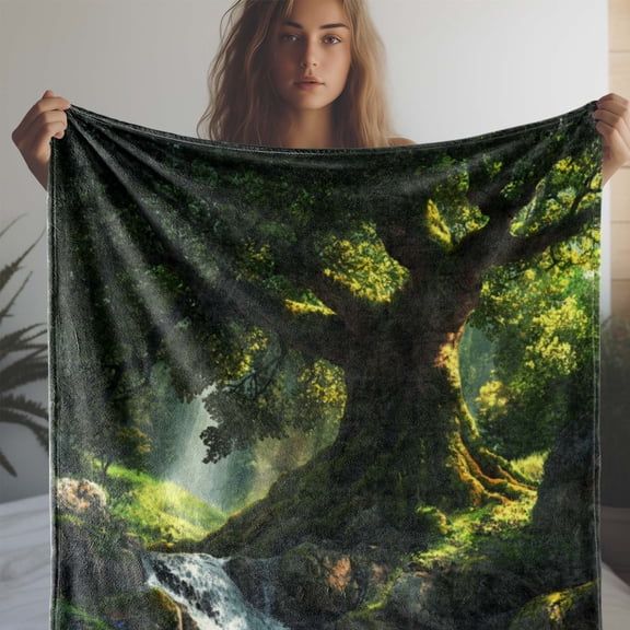 1pc Vintage Forest Tree Scenery Print Flannel Blanket - Soft, Cozy, All-Season Knitted Polyester Throw for Sofa, Bed, Office, Camping, Travel - 250-300gsm Digital Print Warm Gift Blanket
