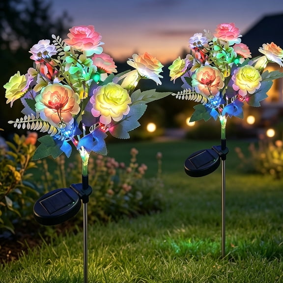 Rirool 2 Pack Solar Hibiscus Flower Lights Outdoor, Color Changing LED Garden Stake Lights, IP65 Waterproof Pink Floral Decor for Patio Yard Pathway