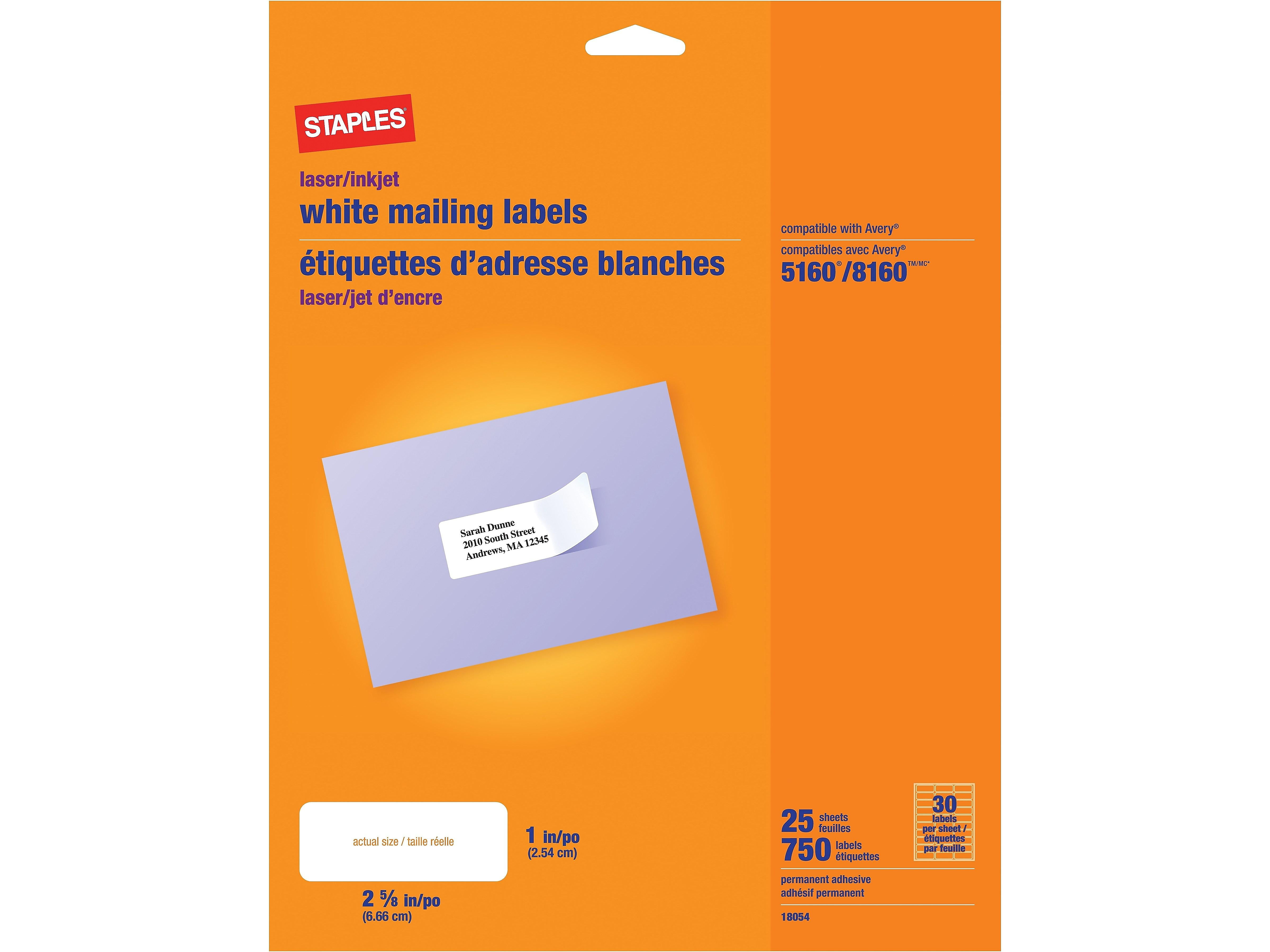 Staples Laser Inkjet Address Labels 1 X 2 5 8 White 30 Labels Sheet 