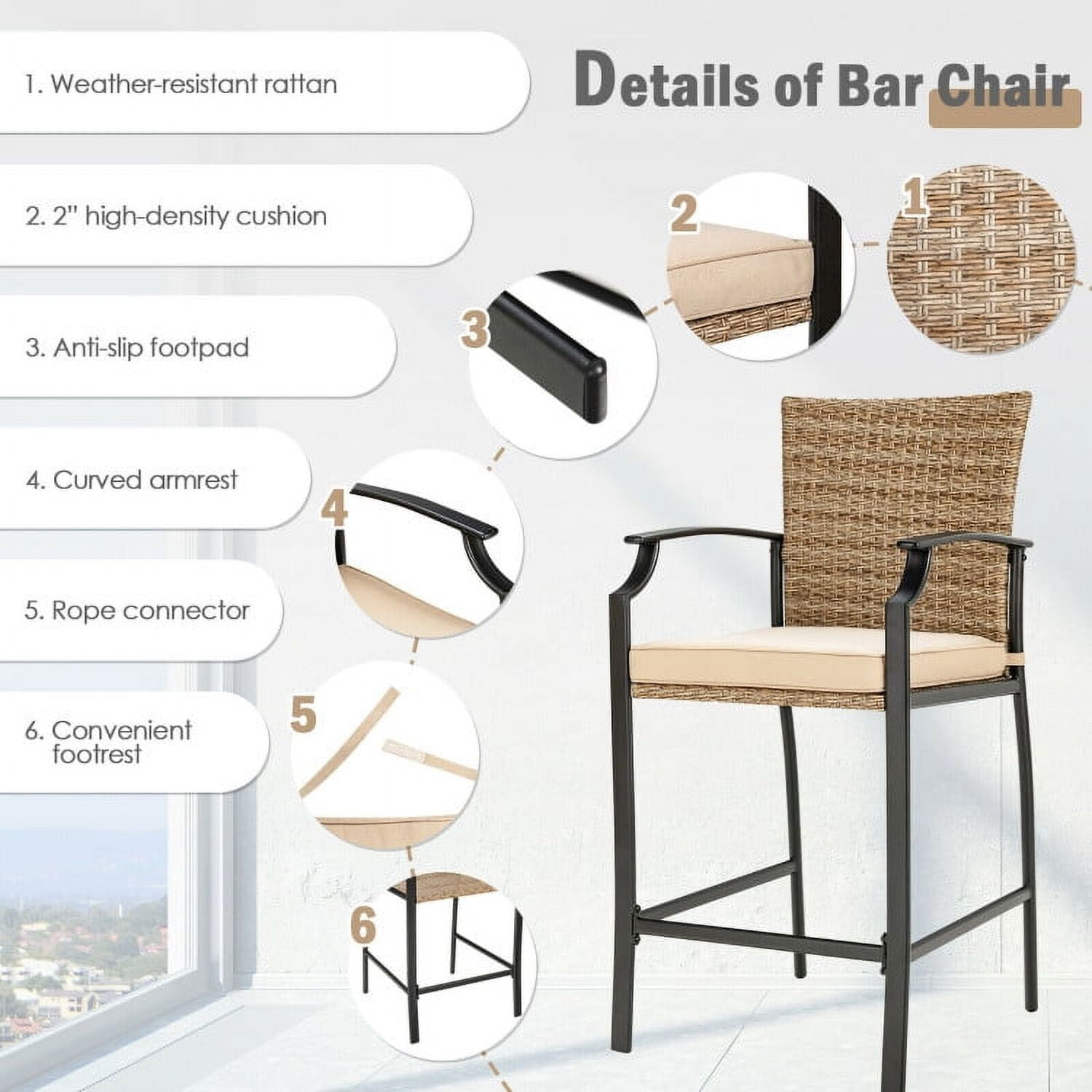 Aimee Lii 5 Pieces Outdoor Rattan Bistro Bar Stool Table Set with Cushions, Outdoor Patio Furniture