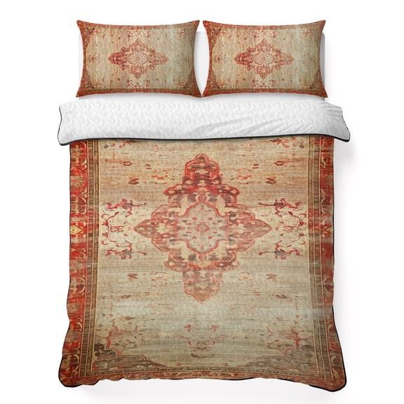 Twin XL Quilt Set 68''x98'', Red Beige Lightweight Bedspread Coverlet Set with 2 Pillow Shams, Vintage Boho Ethnic Geometric Abstract Art Breathable All Season Quilt Bedding for Dorm/Guest Room