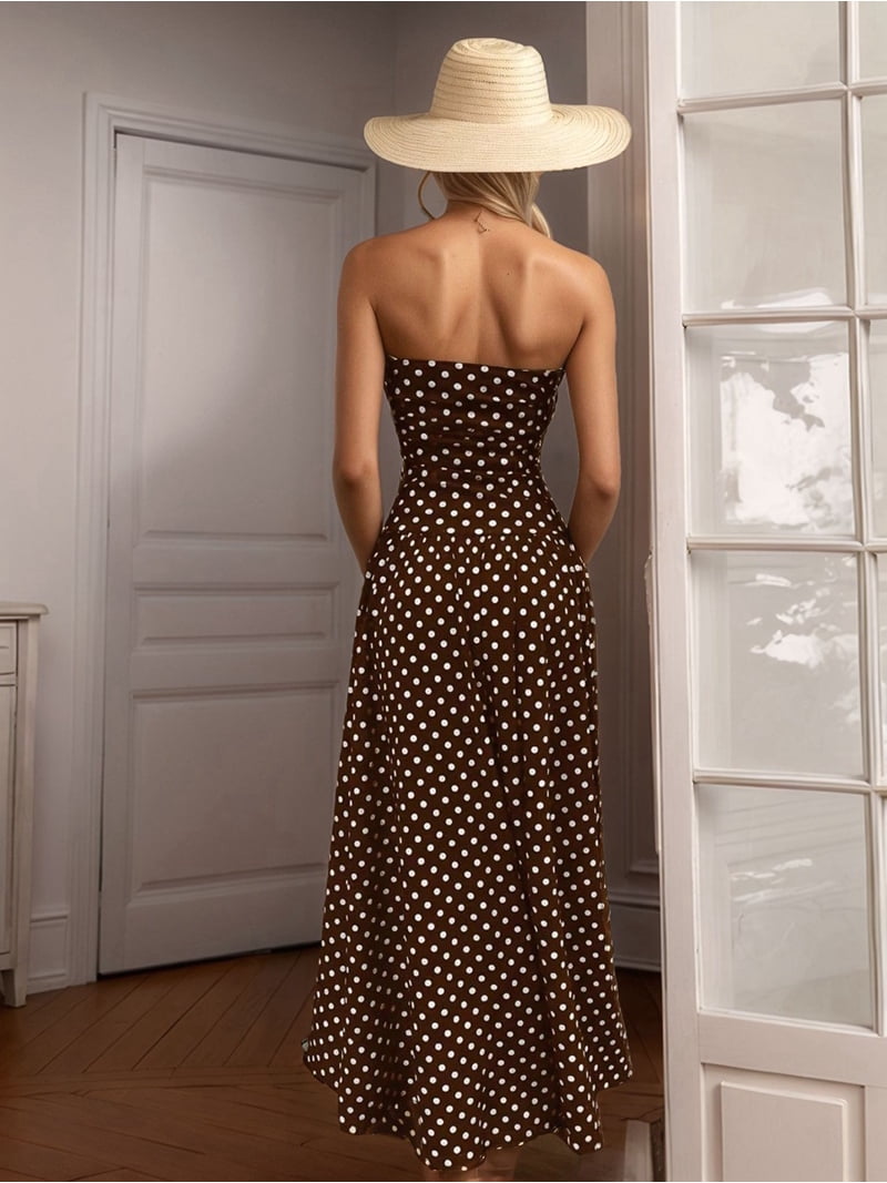 brown strapless polka dot dress Altar'd State | Johanna Strapless Polka Dot Maxi Dress | BROWN-IVORY | Material: 100% Cotton