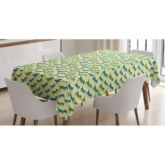 Animals Tablecloth, Jurassic Theme Cartoon Dinosaurs Patterns Walking T-rex, Rectangle Satin Table Cover Accent for Dining Room and Kitchen, 60" X 84", Yellow Multicolor, by Ambesonne