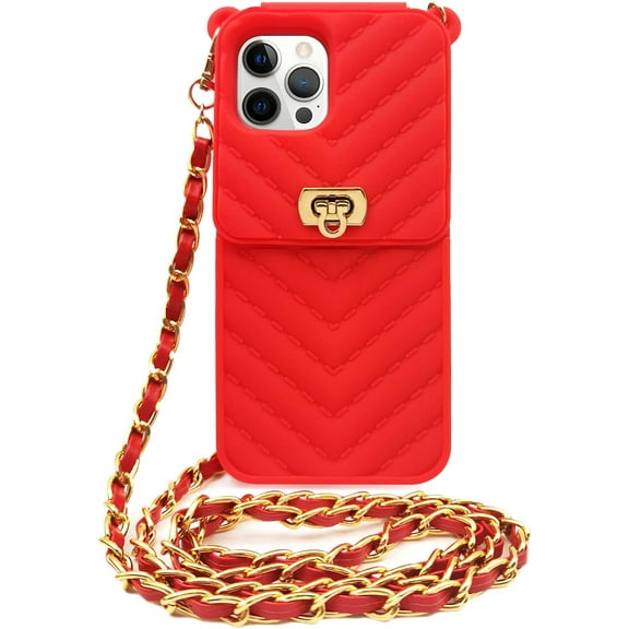 for Wallet iPhone 13 Pro Crossbody Case with Neck Strap Lanyard Credit Card Holder Purse Handbag Case for Women Girls Silicone Rubber Soft Protection Cover for iPhone 13 Pro Red