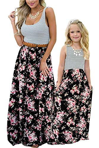 Qin.Orianna Mommy and Me Maxi Dresses,Bohemia Floral Printed Matching Dresses for Daughter and Mom 