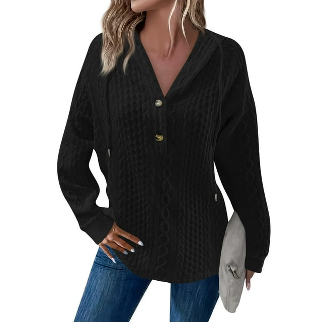 Women's 2025 Fall Fashion Oversized Button V-Neck Hoodie, Casual Drawstring Hooded Knit Sweatshirt with Cable Ribbed Design, Soft Breathable Long Sleeve Pullover for Daily Wear Black M