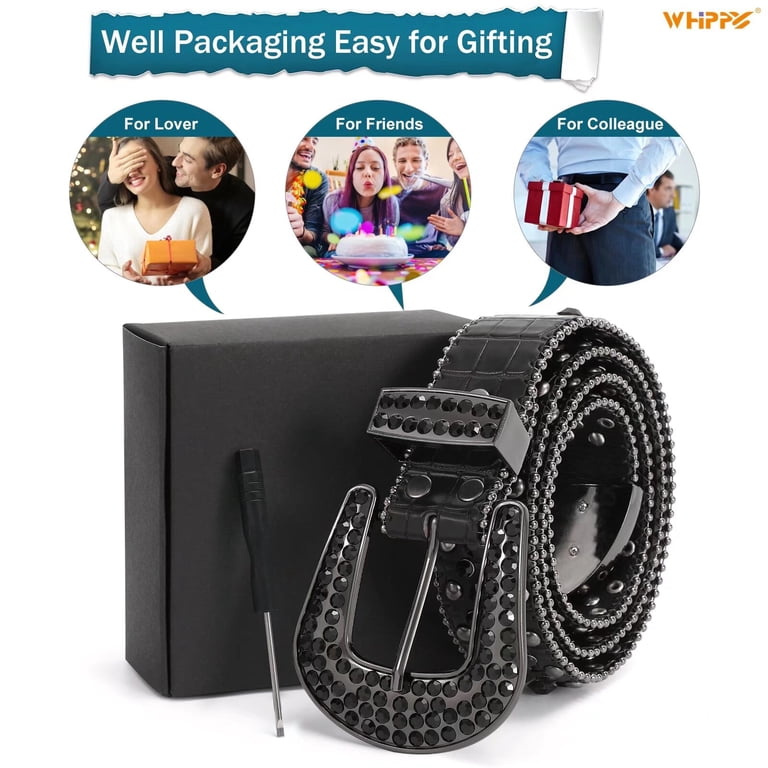 Whippy Rhinestone Studded Leather Belt, Western, Black photo 7