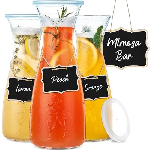 PRESTIGE Mimosa Bar Kit - 3 Glass Carafe with Lids (27oz) & Mimosa Bar Sign. Brunch Decorations Party Kit w/Juice Carafes for Mimosa Bar Supplies, Juice Mimosa Pitcher & Brunch Decor (Chalkboard Set)