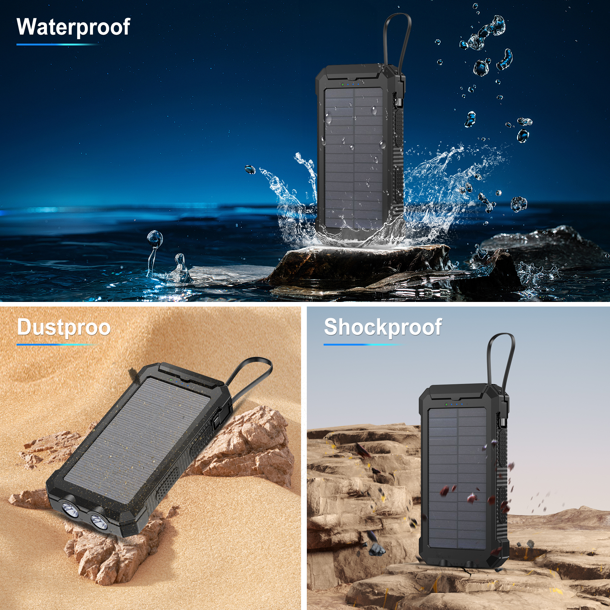 OWNTECH 20000mAh Solar Power Bank, QC3.0 Fast Charging, Dual USB Ports with Built-in LED Flashlight  Portable Solar Charger for All Smartphones and Apple Watch