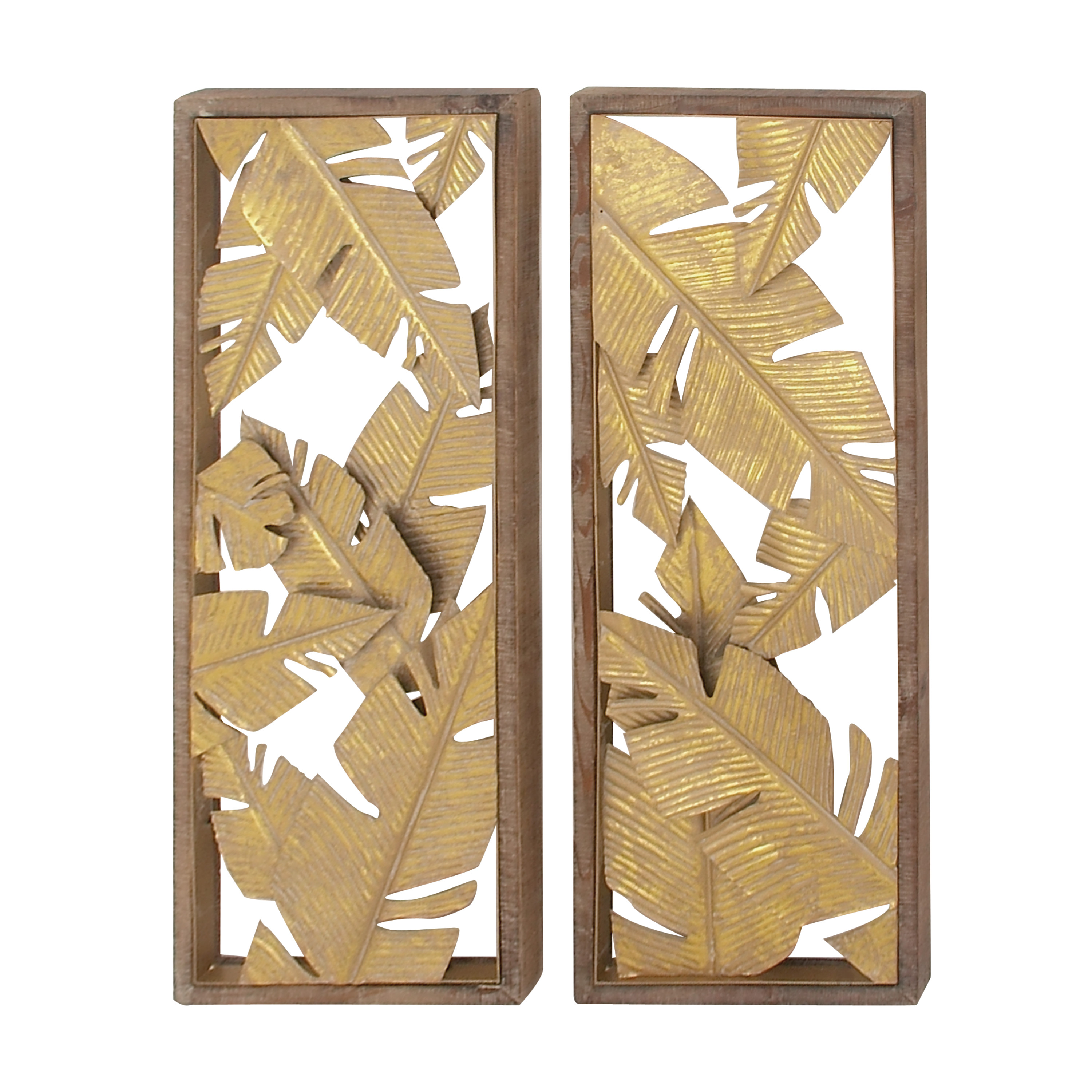 DecMode Contemporary Metal Banana Leaves Wall Décor, Set of 2 13"W x 34"H with Stained Yellow and Gold Finish