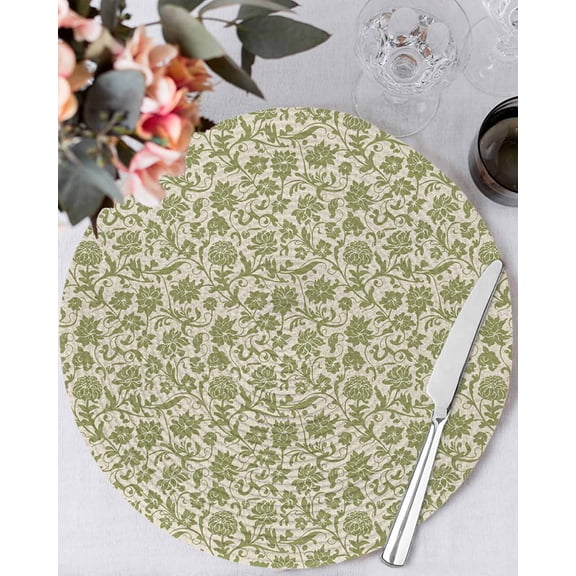 13 Inch Round Placemats Set of 6, Green Floral Non Slip Heat Insulation PP Table Mats, Vintage Rustic Botanical Spring Washable Place Mats for Kitchen Dining Party Table Decor