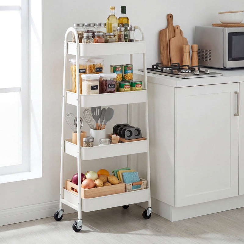 Gianna 3 Tier Utility Rolling Cart, Metal Mobile Storage Shelf with Lockable Caster Wheels, Organization for Livingroom, Bathroom & Narrow Places, White