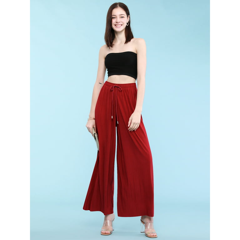Made by Johnny Women's Pleated Wide Leg Palazzo Pants with Drawstring PLUS  RED 