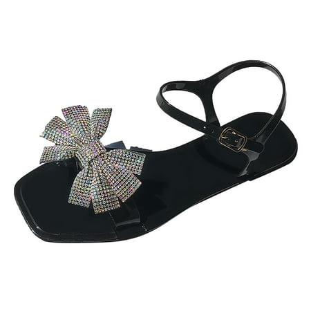 

MIASHUI Summer Sandals for Women 2024 Women Shoes Fashion Bright Diamond Bowknot Bright Diamond Sandals Flash Diamond One Foot Wears Flat Sandals Black 6.5