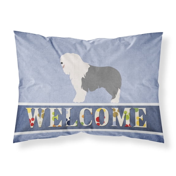 Old English Sheepdog Welcome Fabric Standard Pillowcase Blue