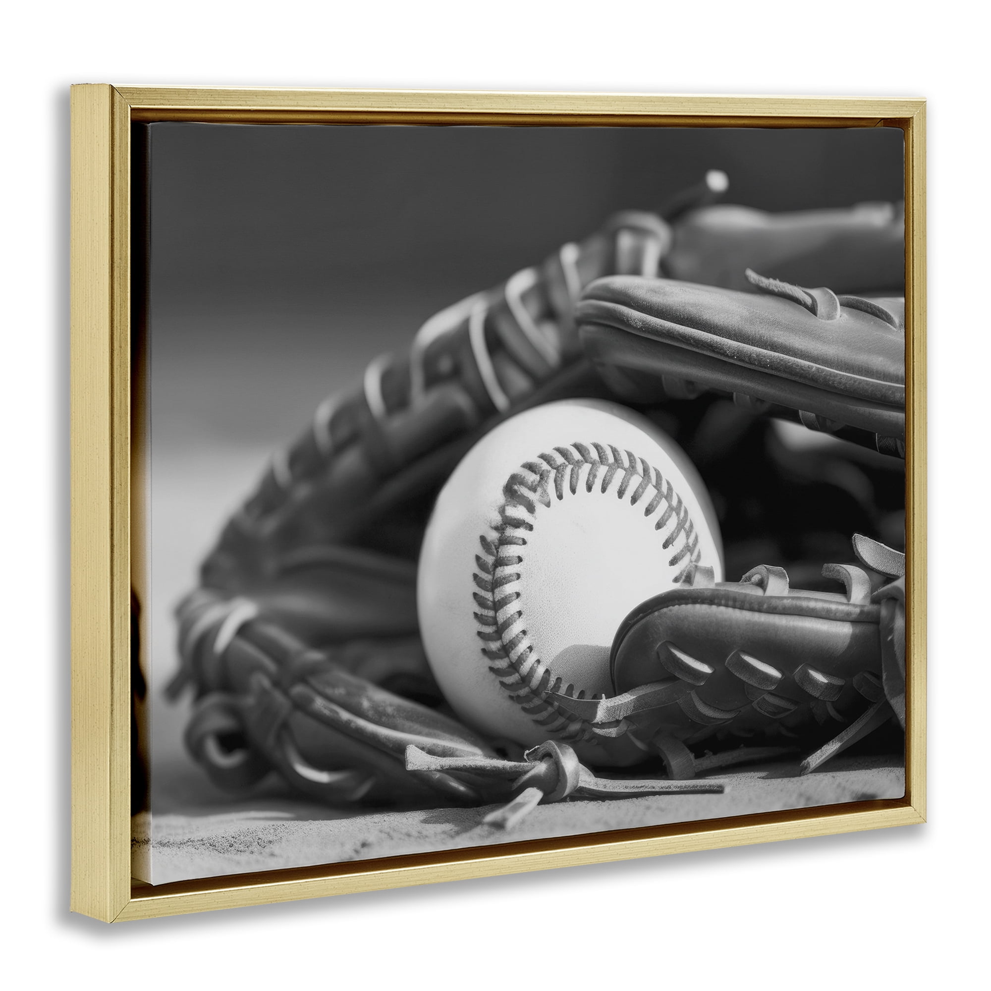 Stupell Industries Baseball Mitt & Ball Sports Photography Gold Floater Framed Canvas Art Print Wall Art, 21 x 17