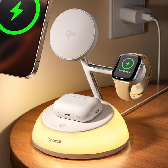Lamicall 4-in-1 Qi2 Certified Wireless Charging Station for Apple MagSafe, [LED Night Light] 15W Fast Magnetic Charger Stand for iPhone 17 16 15 14 1