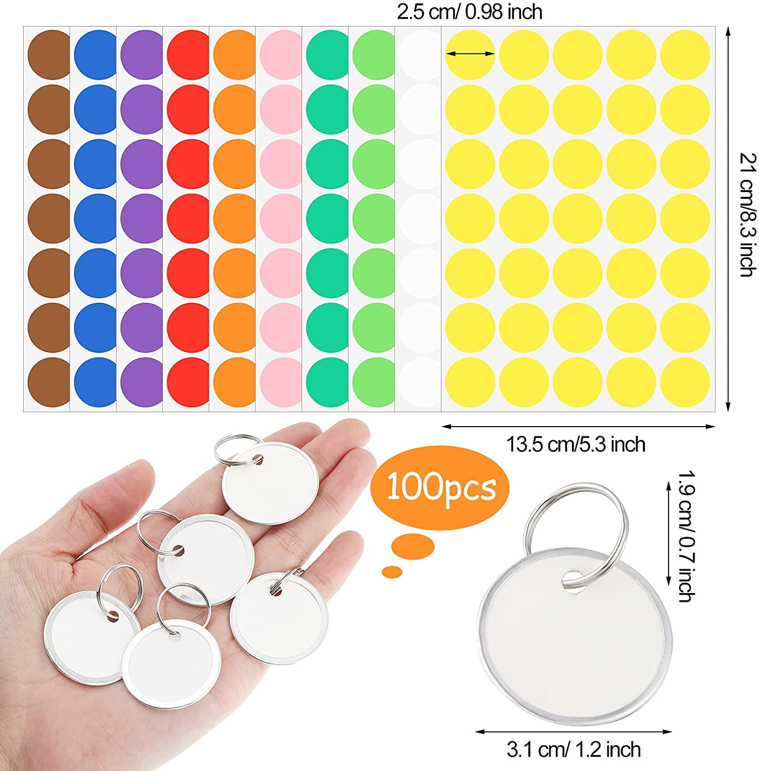 100 Pieces Metal Rimmed Key Tags Round Paper Tags with Split 31mm Multicolor 