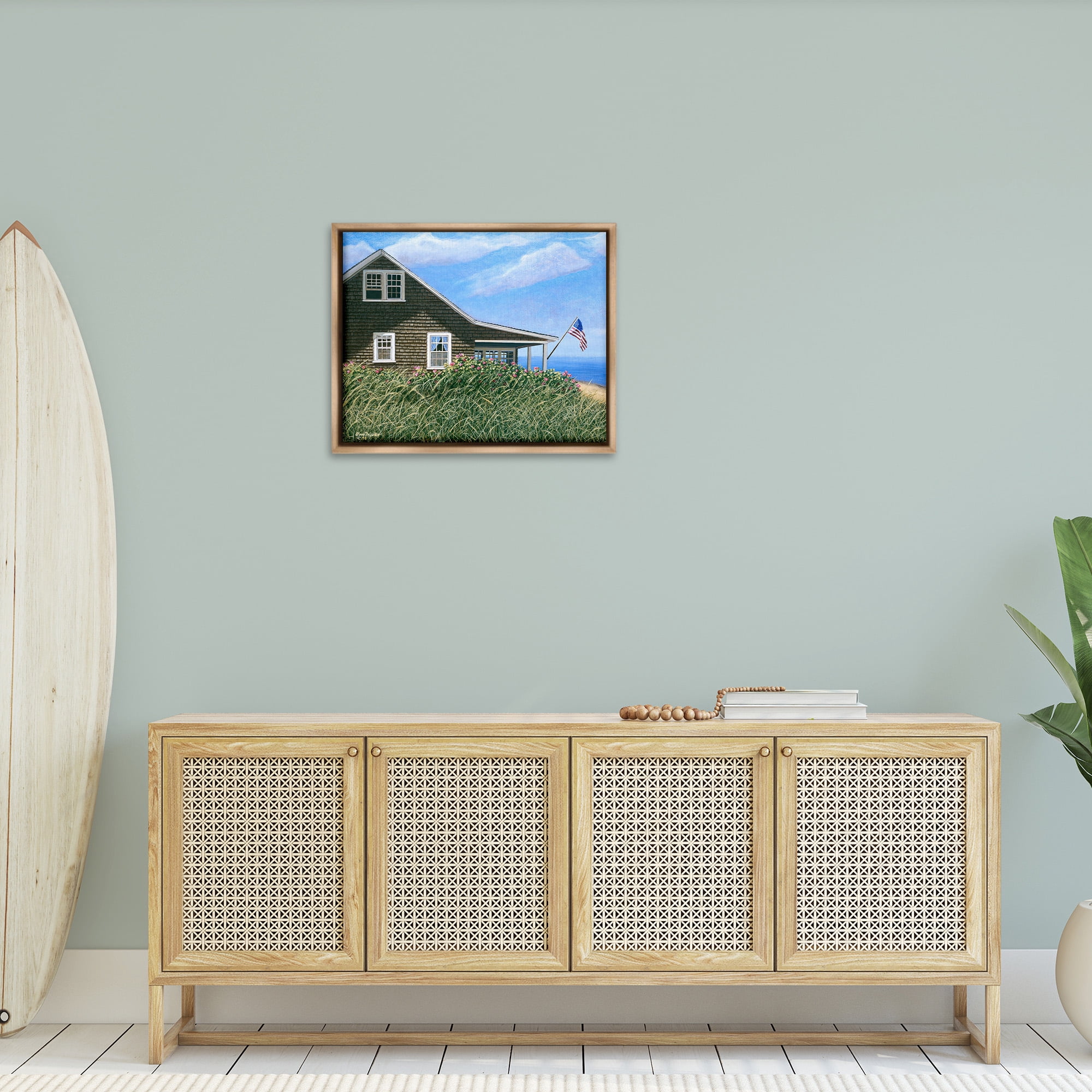 Stupell Industries Cape House with Flag Landscape Painting Brown Floater Framed Canvas Art Print Wall Art, 31 x 25
